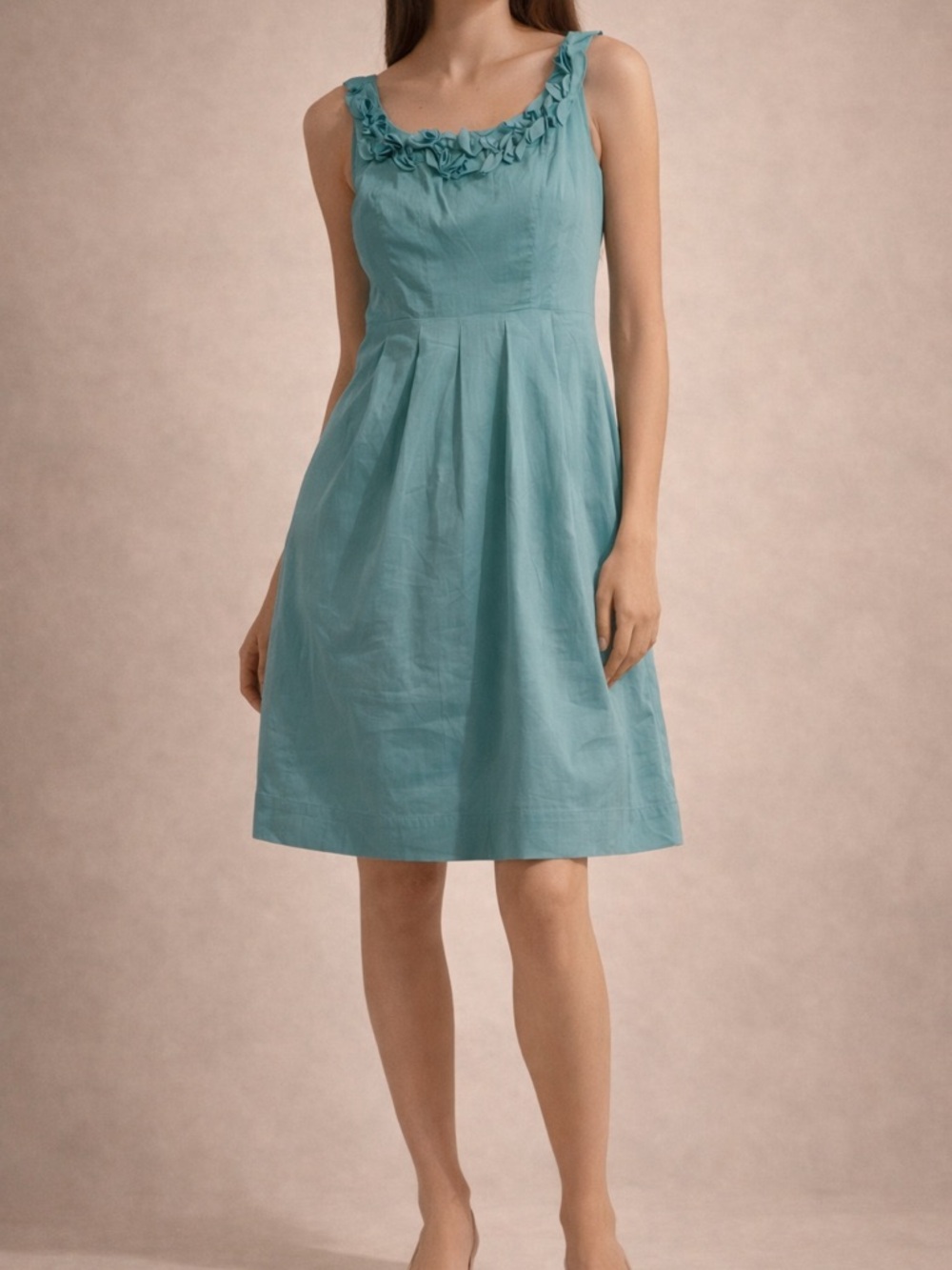 London Times Petites Teal Ruffle Neck Fit And Flare Dress 10P Chic